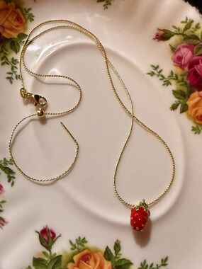 Gold Chain Necklace with Red Strawberry Pendant - Women Jewelry